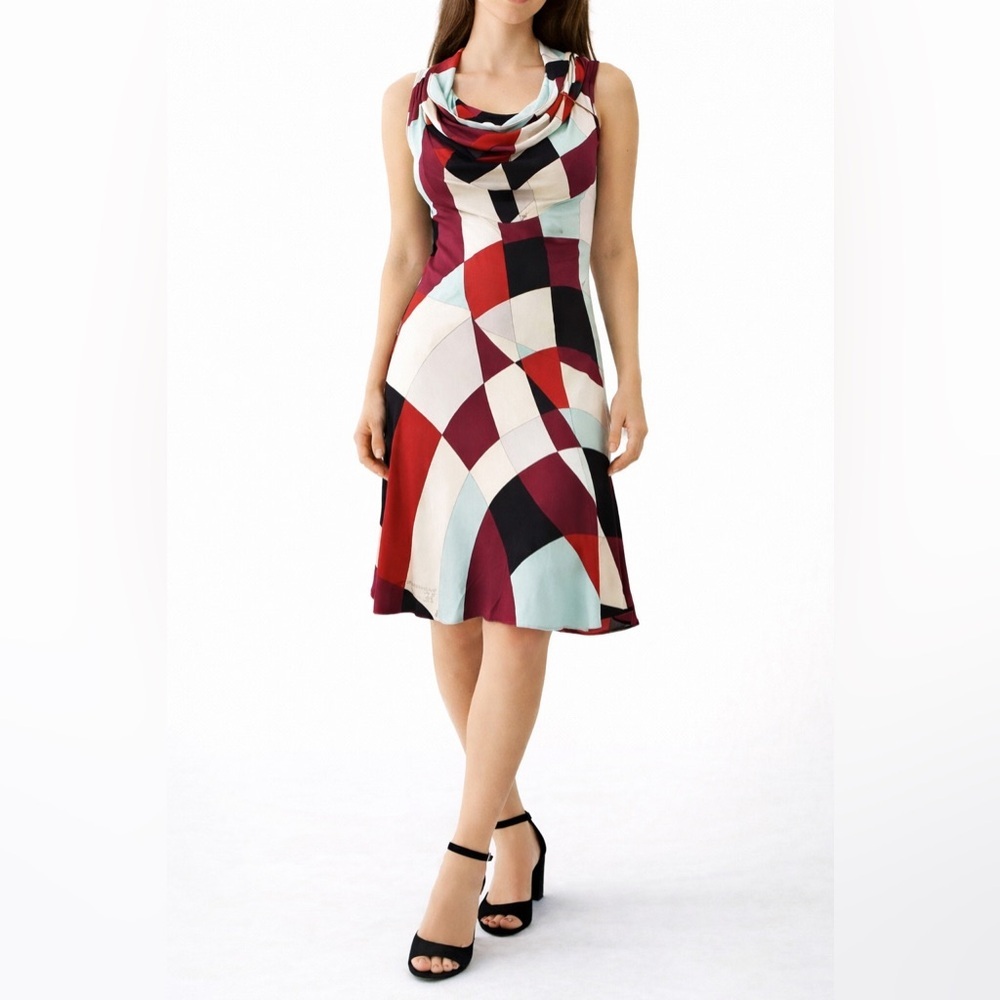 Vintage Emilio Pucci Silk Jersey Cowl Neck Dress Geometric Print Italy 8